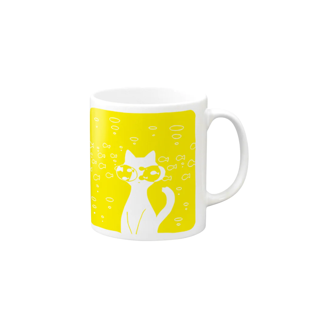 ヨクつくるのねことさかな イエロー Mug :right side of the handle