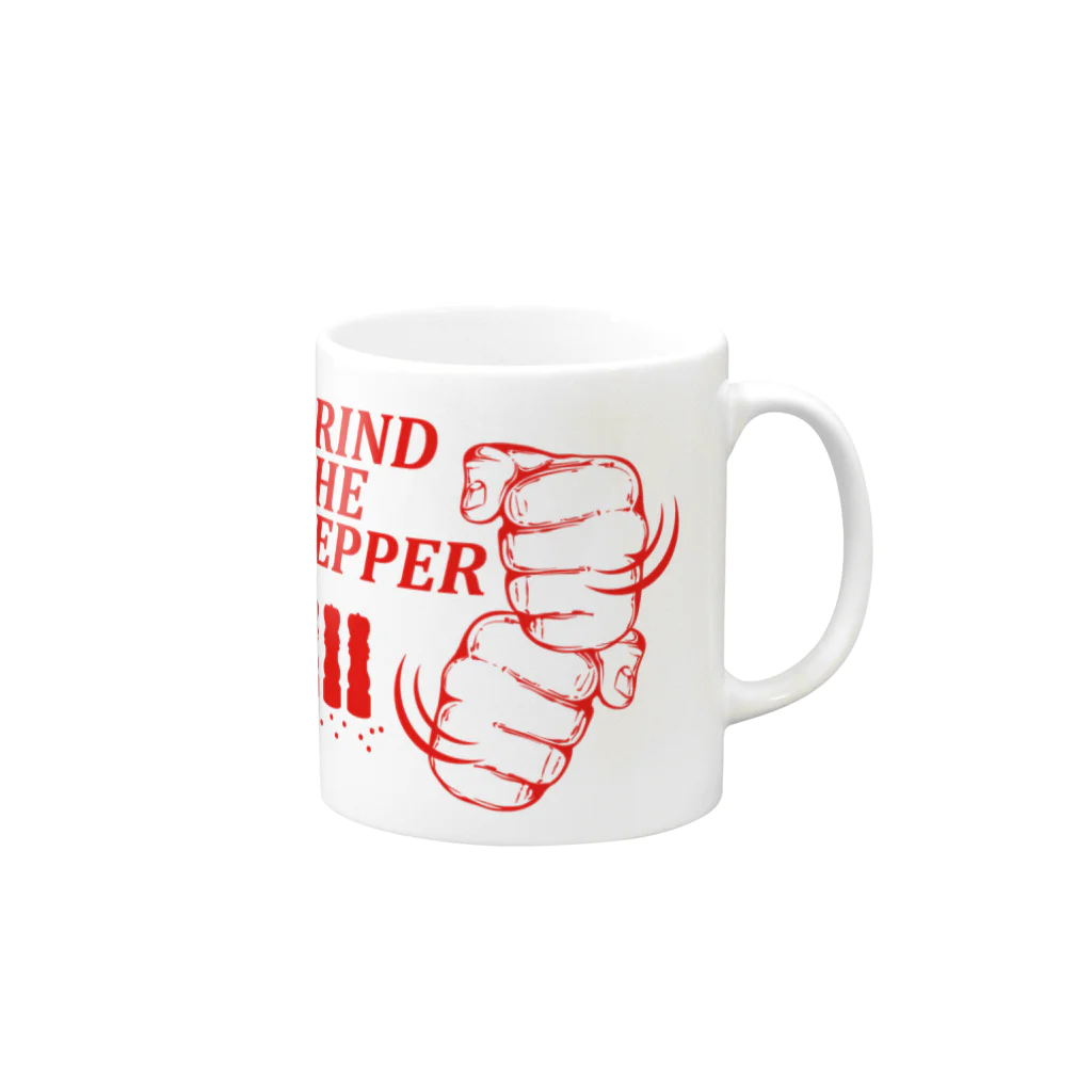 オノマトピアのペッパーミル・パフォーマンス（GRIND THE PEPPER）文字赤 Mug :right side of the handle