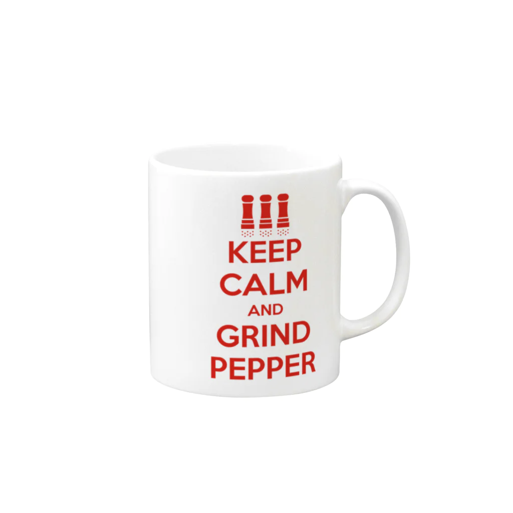 オノマトピアの平静を保ち、そしてコショウを挽こう（キープ・カーム・アンド・グラインド・ペッパー）KEEP CALM AND GRIND PEPPER・ペッパーミルパフォーマンス・文字赤 Mug :right side of the handle