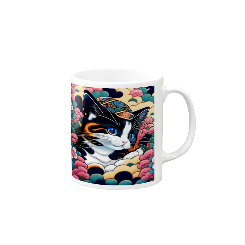 マッケンデジタルワールドの葛飾猫斎　猫名黒雪　浮世絵lofiアートパンクシティ　かわいいねこ Mug :right side of the handle