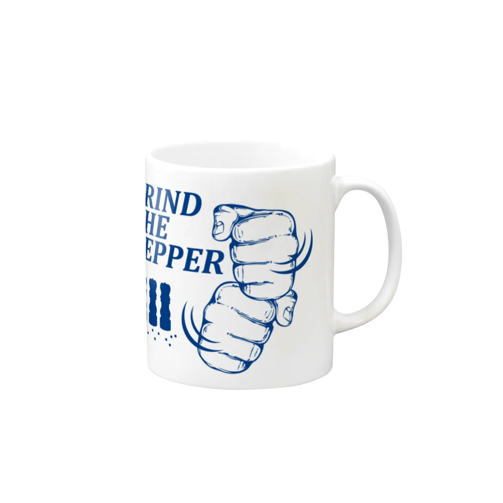 オノマトピアのペッパーミル・パフォーマンス(GRIND THE PEPPER)胡椒挽き・文字ブルー Mug :right side of the handle