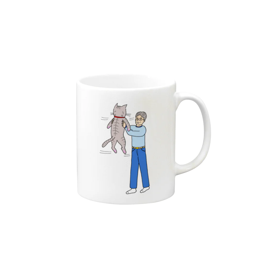 いちずでざいんの猫を抱っこして喜ぶおじさん Mug :right side of the handle