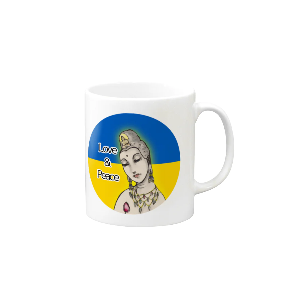 諭苑のSUZURI店のLove＆Peace観世音菩薩ウクライナ国旗背景 Mug :right side of the handle