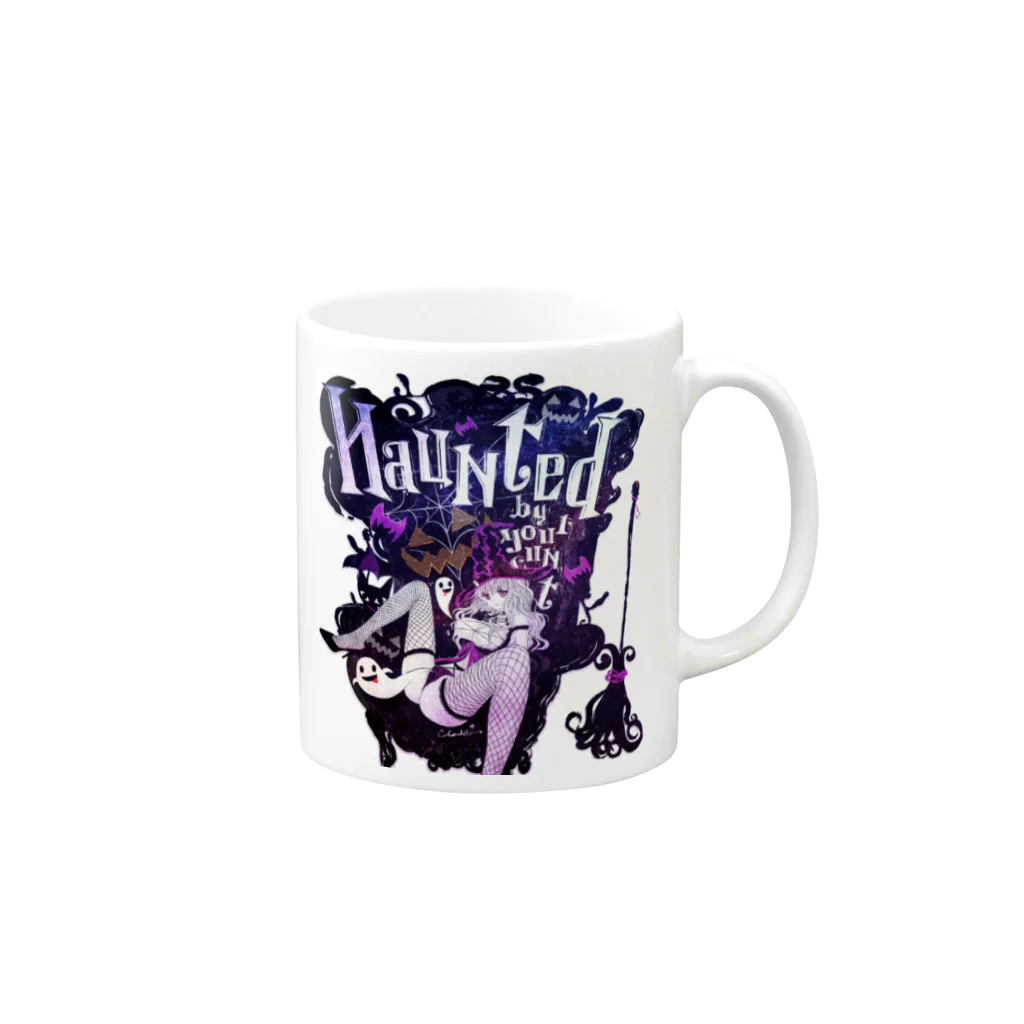 loveclonesのHAUNTED ハロウィンお化けと魔女の黒椅子 Mug :right side of the handle