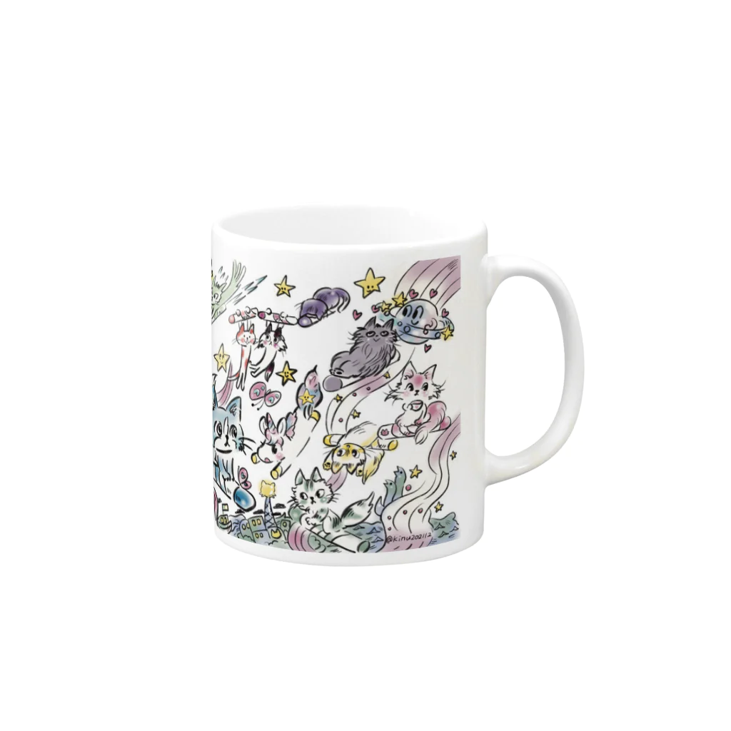 猫のきぬくんのお店のクレヨンに乗って旅に出よう Mug :right side of the handle