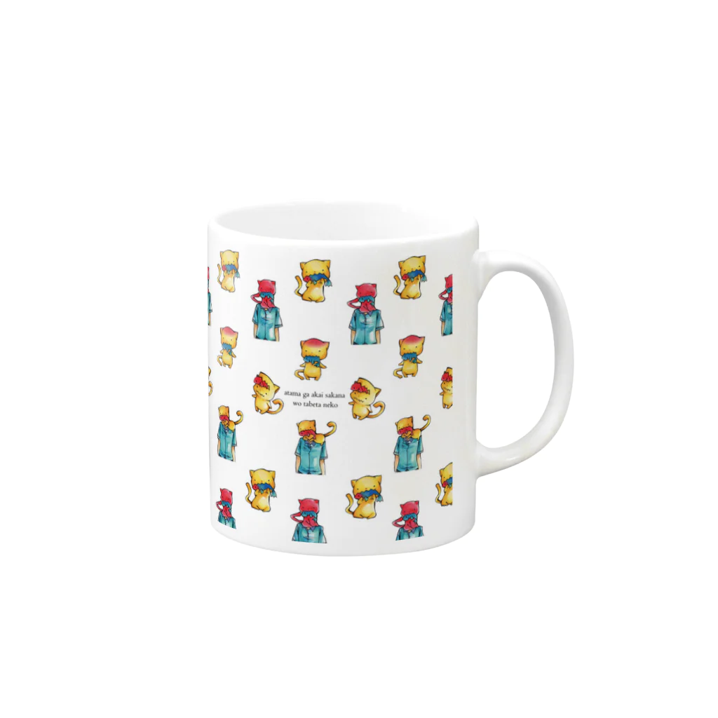 TwiFULLPress Shopの頭が赤い魚を食べた猫(集合) Mug :right side of the handle