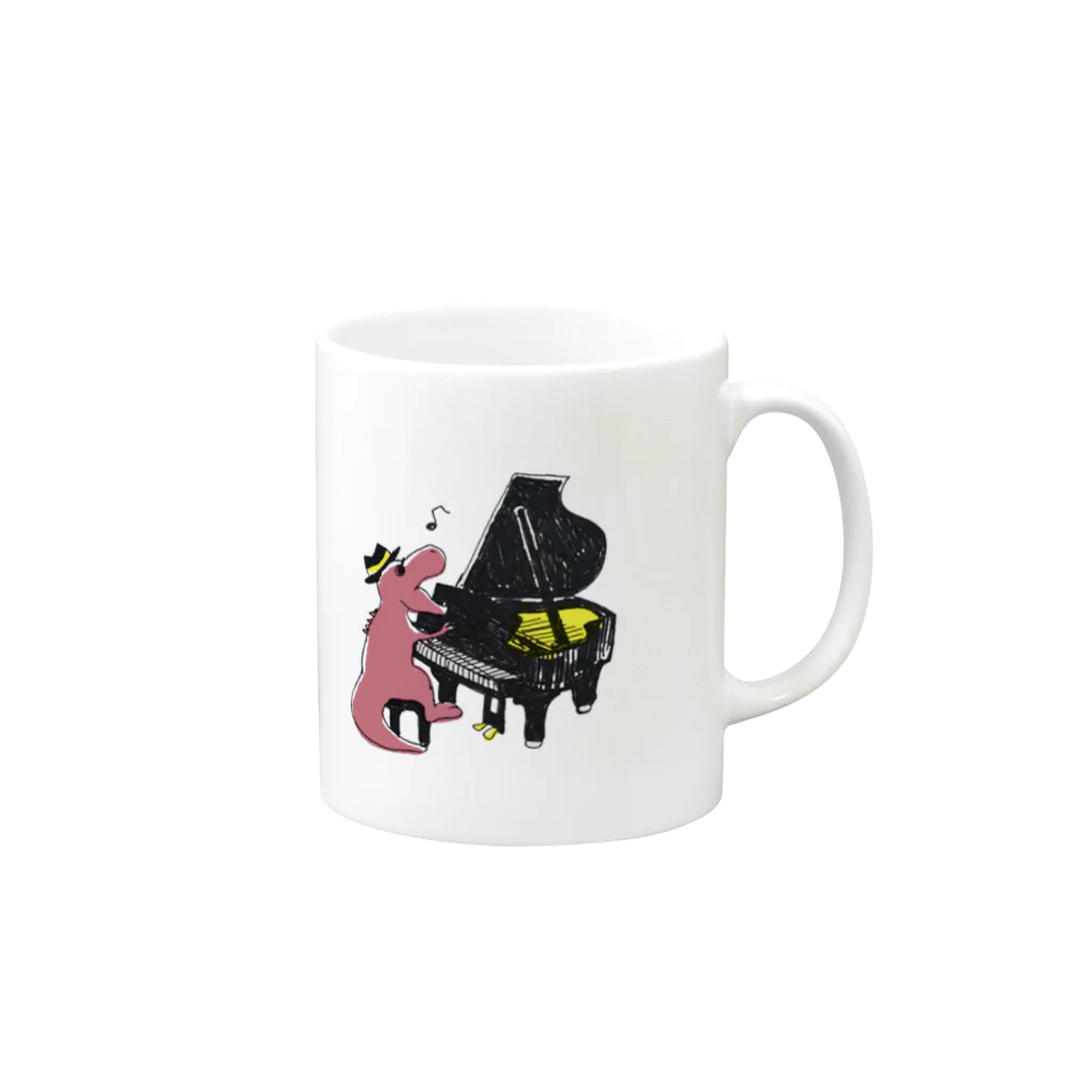 白亜画廊 SUZURI店の【DINOBAND】ピアノを弾くティラノサウルス Mug :right side of the handle