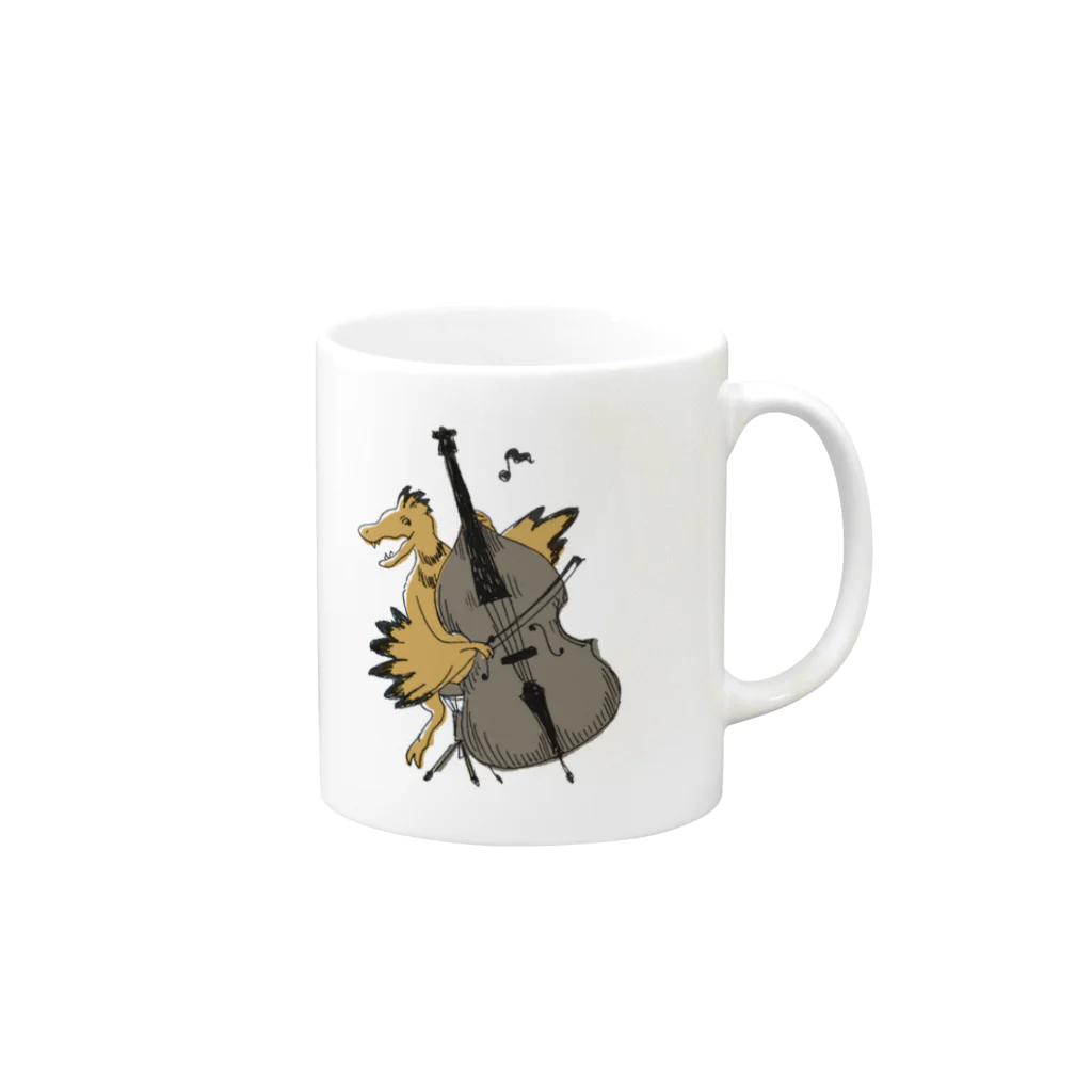 白亜画廊 SUZURI店の【DINOBAND】コントラバスを弾くミクロラプトル Mug :right side of the handle