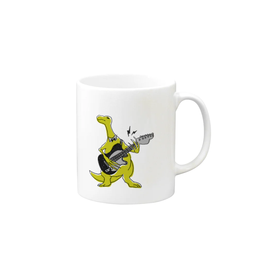 白亜画廊 SUZURI店の【DINOBAND】ギターを弾くテリジノサウルス Mug :right side of the handle