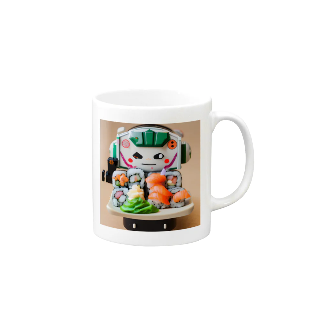 ネオ｜爆速AIクリエイターのお店のお寿司メカ×かわいいイラストグッズ Mug :right side of the handle