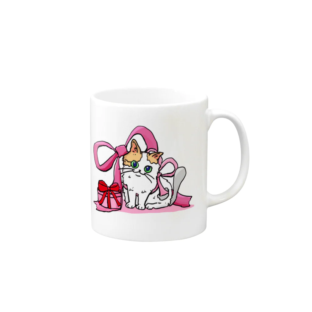 もちけらのリボン猫ちゃん Mug :right side of the handle