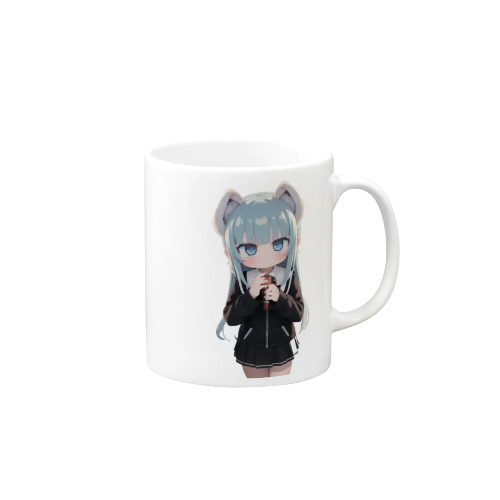 ケモ耳美少女キツネちゃん（AIart）の獣の耳と美しい青い目少女 Mug :right side of the handle