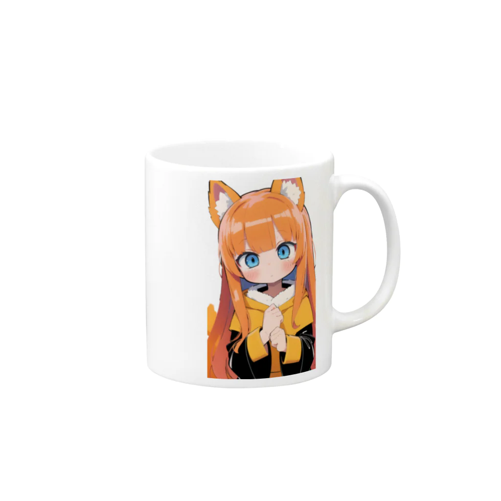 ケモ耳美少女キツネちゃん（AIart）のキュートなオレンジ髪のキツネの女子 Mug :right side of the handle