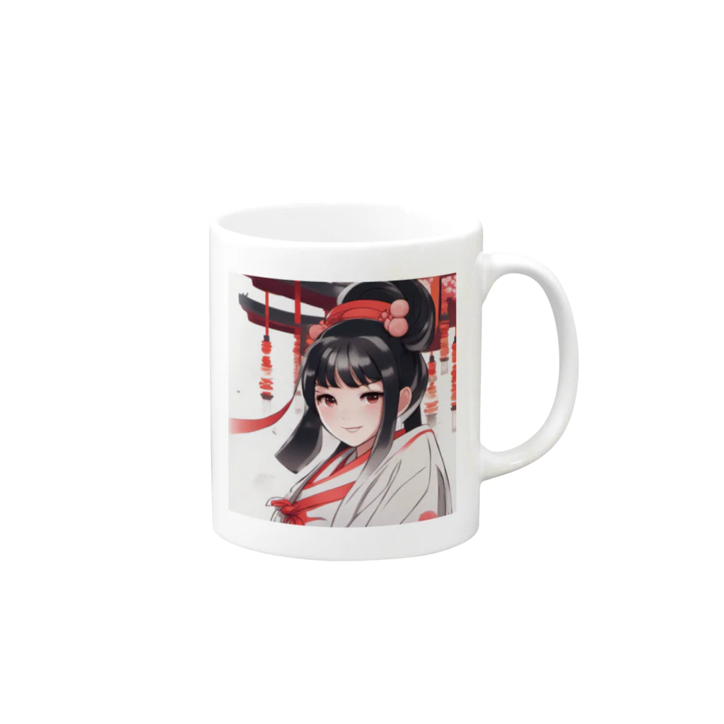 ワンダーワールド・ワンストップの巫女服を着た綺麗なポニーテール女性のグッズ Mug :right side of the handle