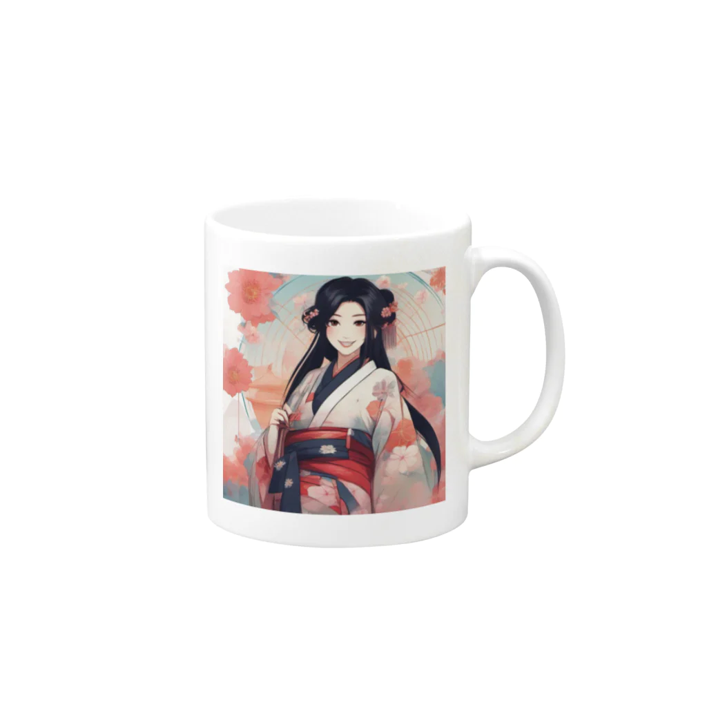 ワンダーワールド・ワンストップの浴衣を着た黑髪ロングヘアの綺麗な女性 Mug :right side of the handle