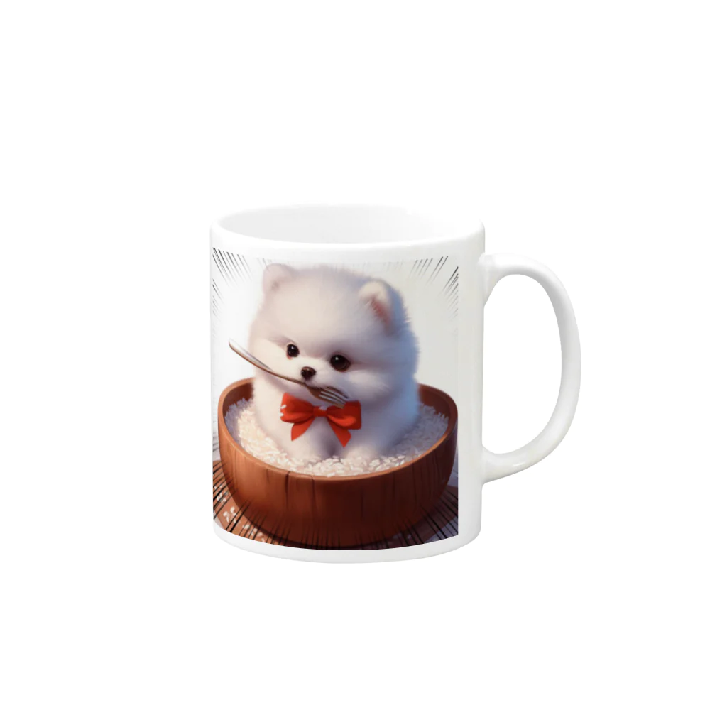 Pom-Dog'sのご飯に埋もれる白ポメ Mug :right side of the handle