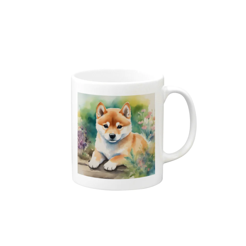 こころやすらぐの水彩子犬　柴犬 Mug :right side of the handle