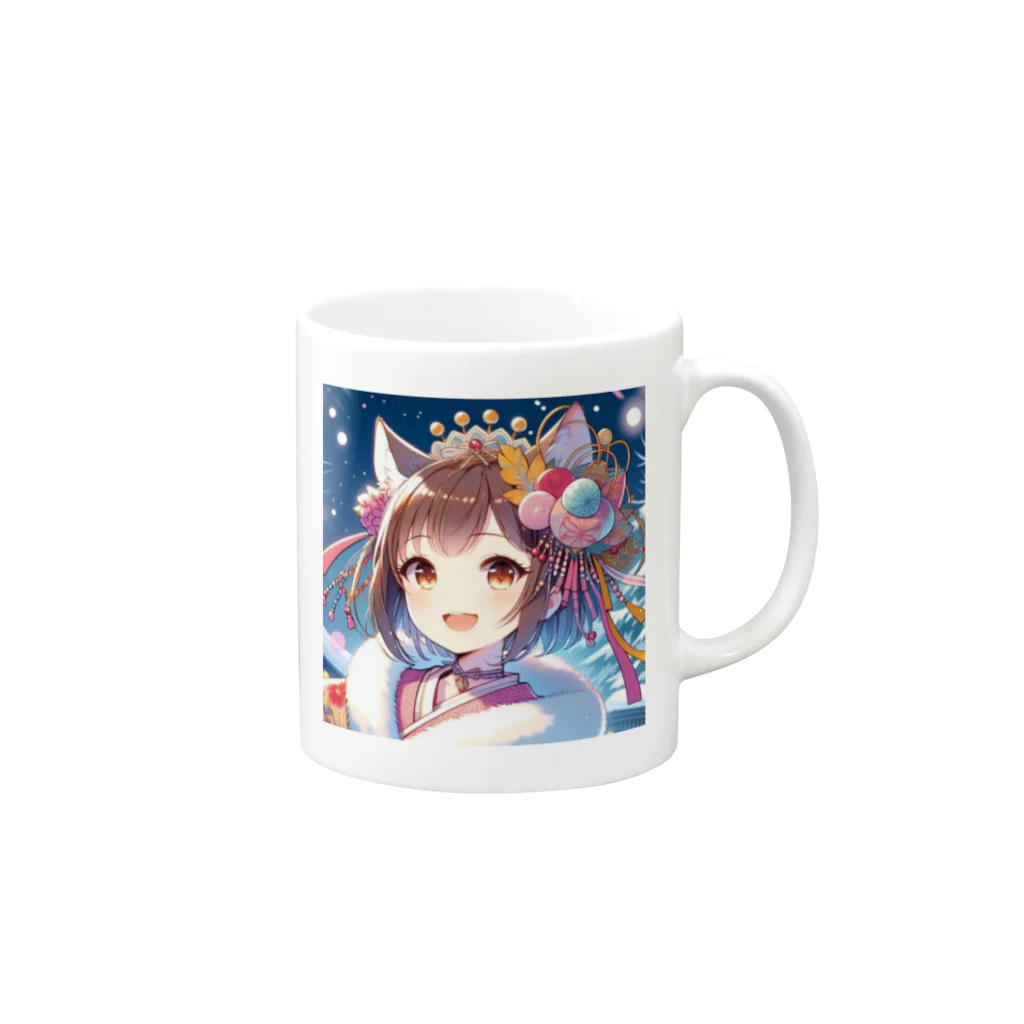 Happy Hub"（ハッピー・ハブ）の猫ギャル振り袖 Mug :right side of the handle