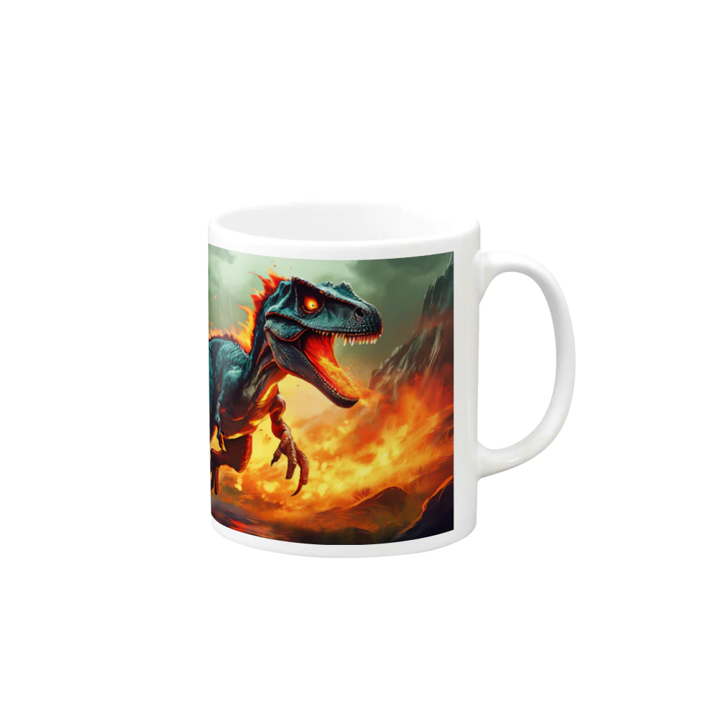 qi6（恐竜グッズ販売中！🦖）の炎を吐き出すヴェロキラプトル Mug :right side of the handle