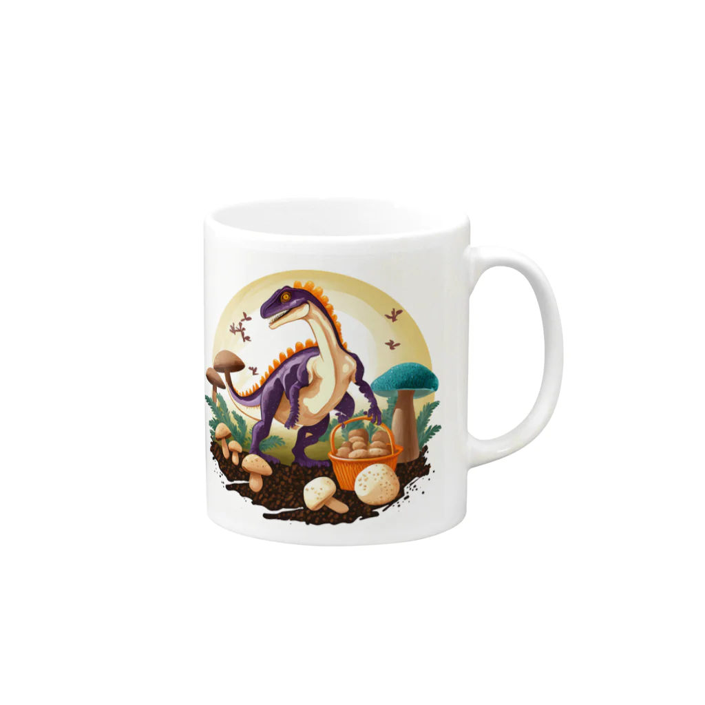 qi6（恐竜グッズ販売中！🦖）のきのこ狩りを楽しむテリジノサウルス Mug :right side of the handle