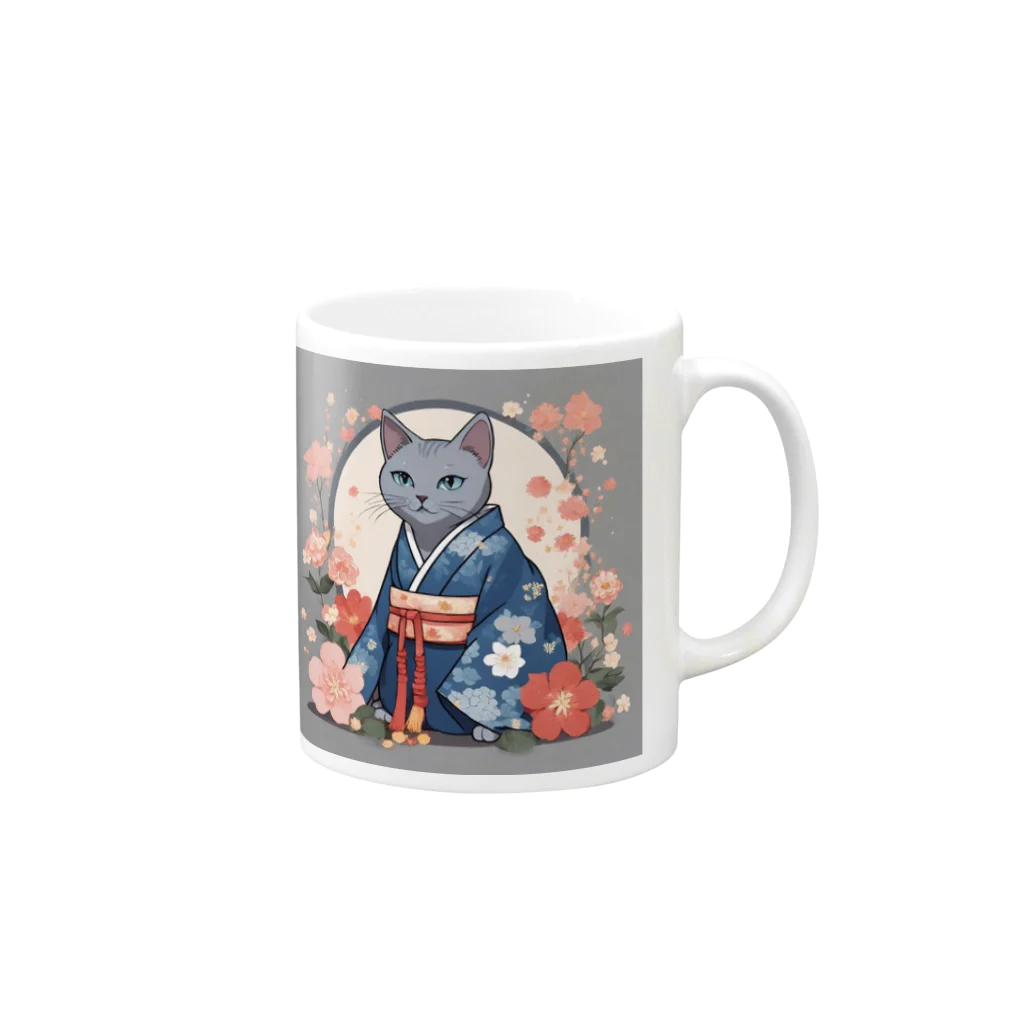 coco_peroのお正月の着物を着たロシアンブルーの猫ちゃんグッズ Mug :right side of the handle