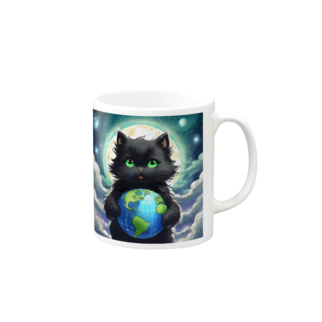 yoiyononakaの地球を抱きかかえる黒猫05 Mug :right side of the handle