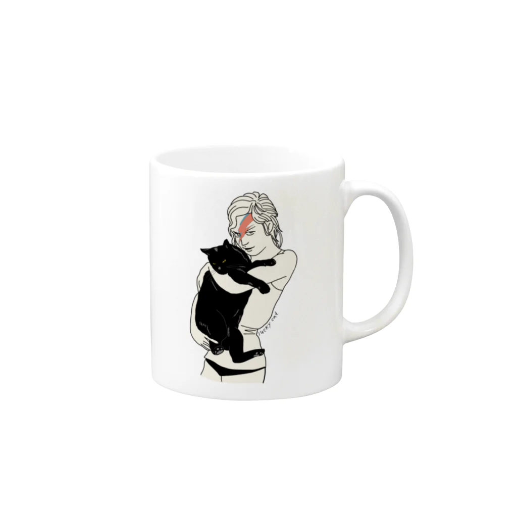 小鳥と映画館のイナズマメイクの女性と黒猫 Mug :right side of the handle