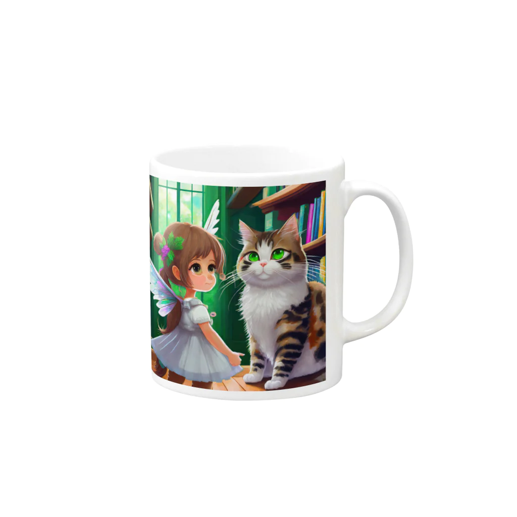 yoiyononakaの図書室の番猫と妖精 Mug :right side of the handle