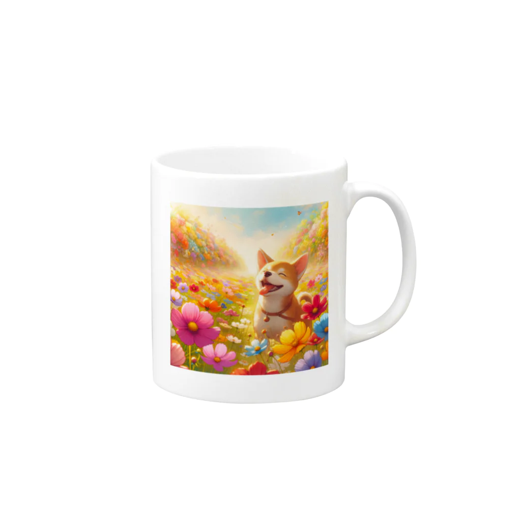 癒しの場｜Healing Placeのかわいい犬と花畑の癒しのアイテム Mug :right side of the handle