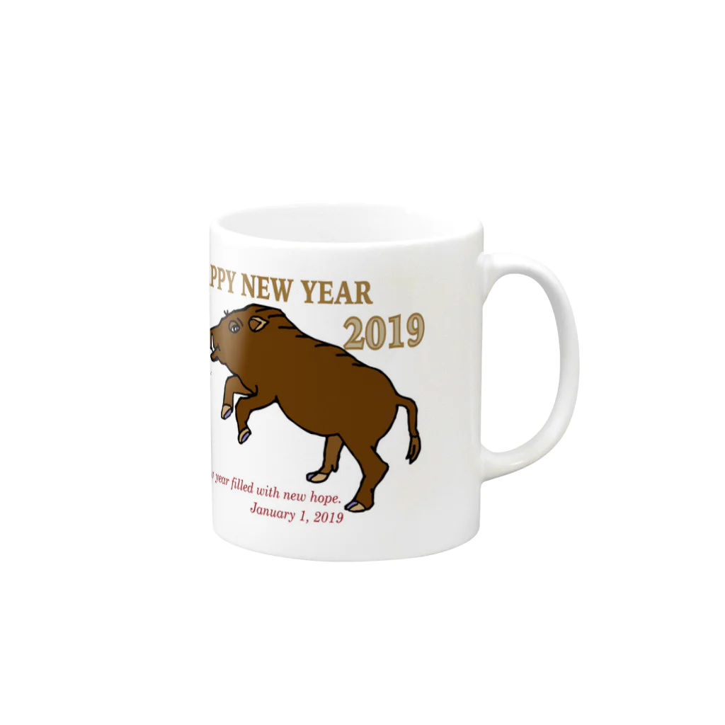 ジルトチッチのデザインボックスの2019亥年の猪のイラスト年賀状イノシシ Mug :right side of the handle