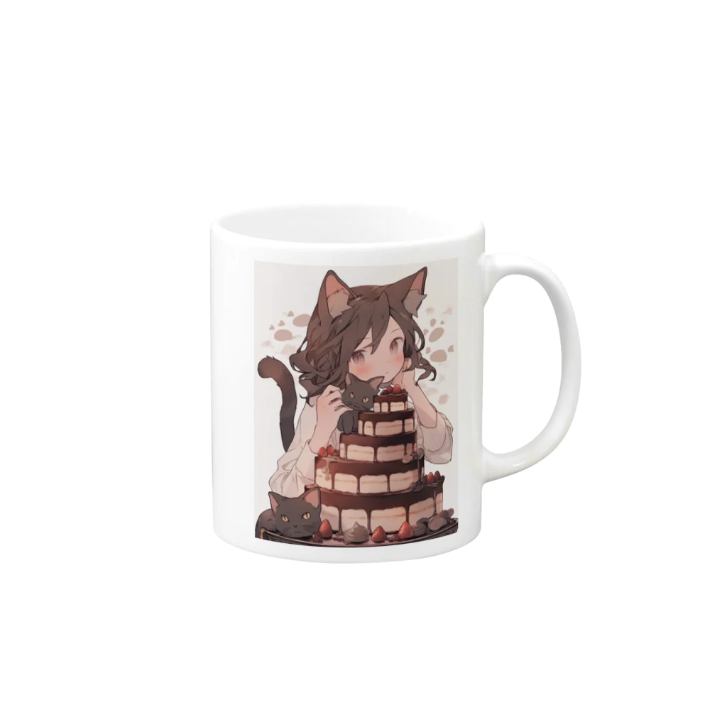 シロクマペンギンのネコちゃんとチョコレートケーキ Mug :right side of the handle