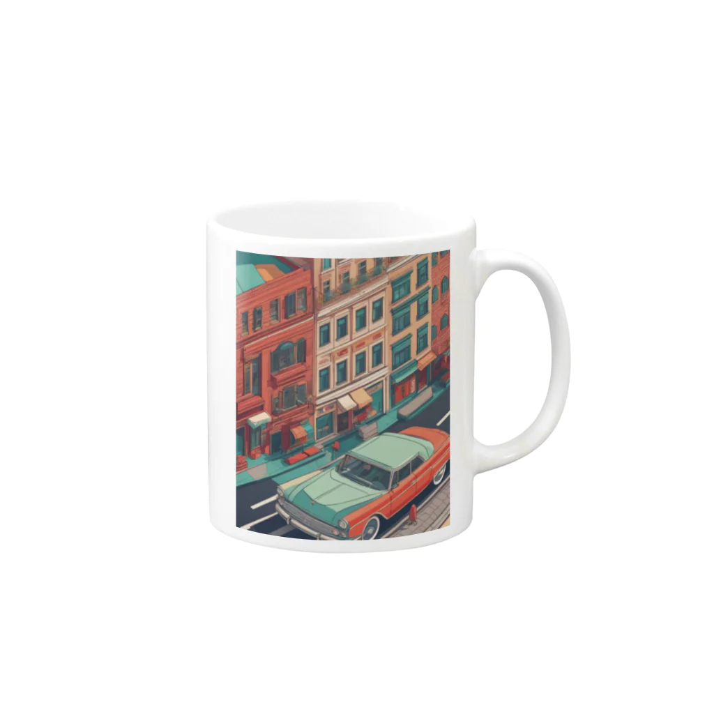 クジラデザインのレトロな街並み風景 Mug :right side of the handle