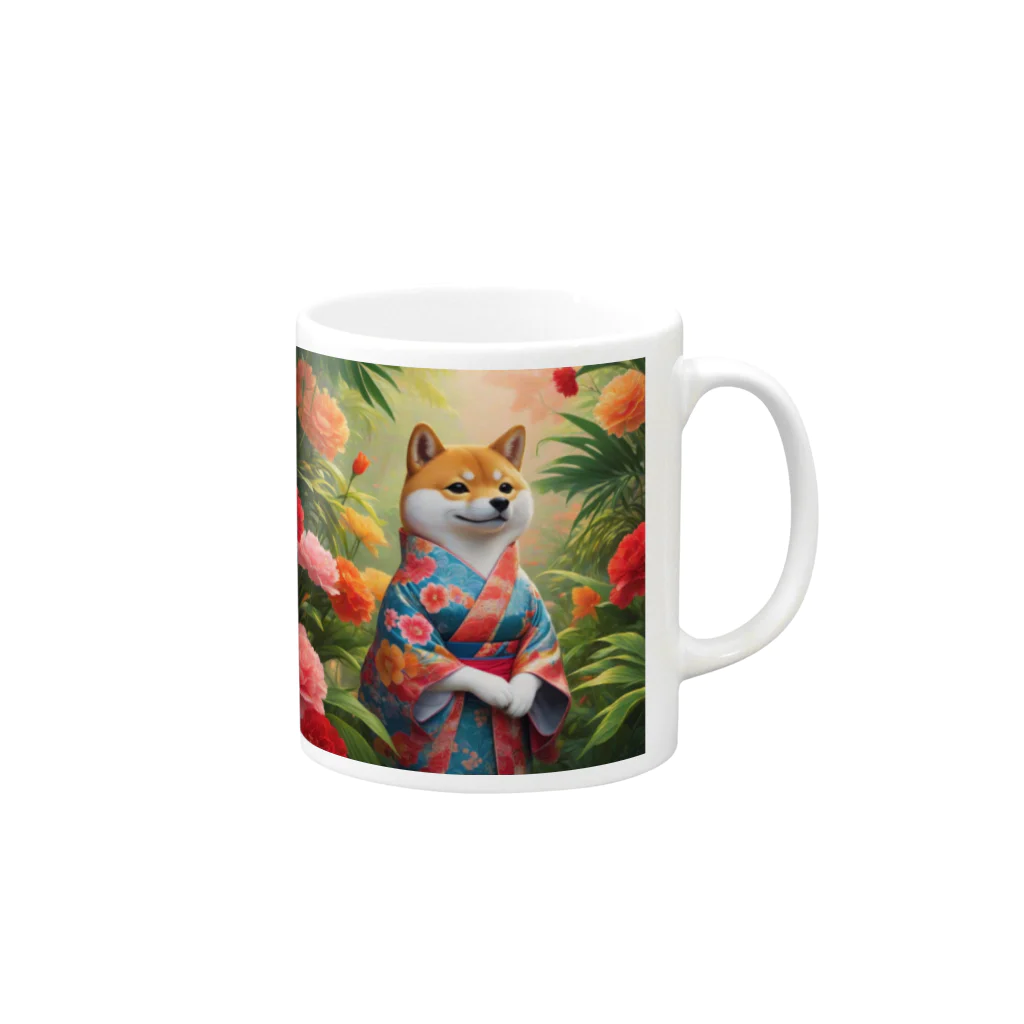 ポンキチはうすの花に囲まれた着物姿の柴犬 Mug :right side of the handle