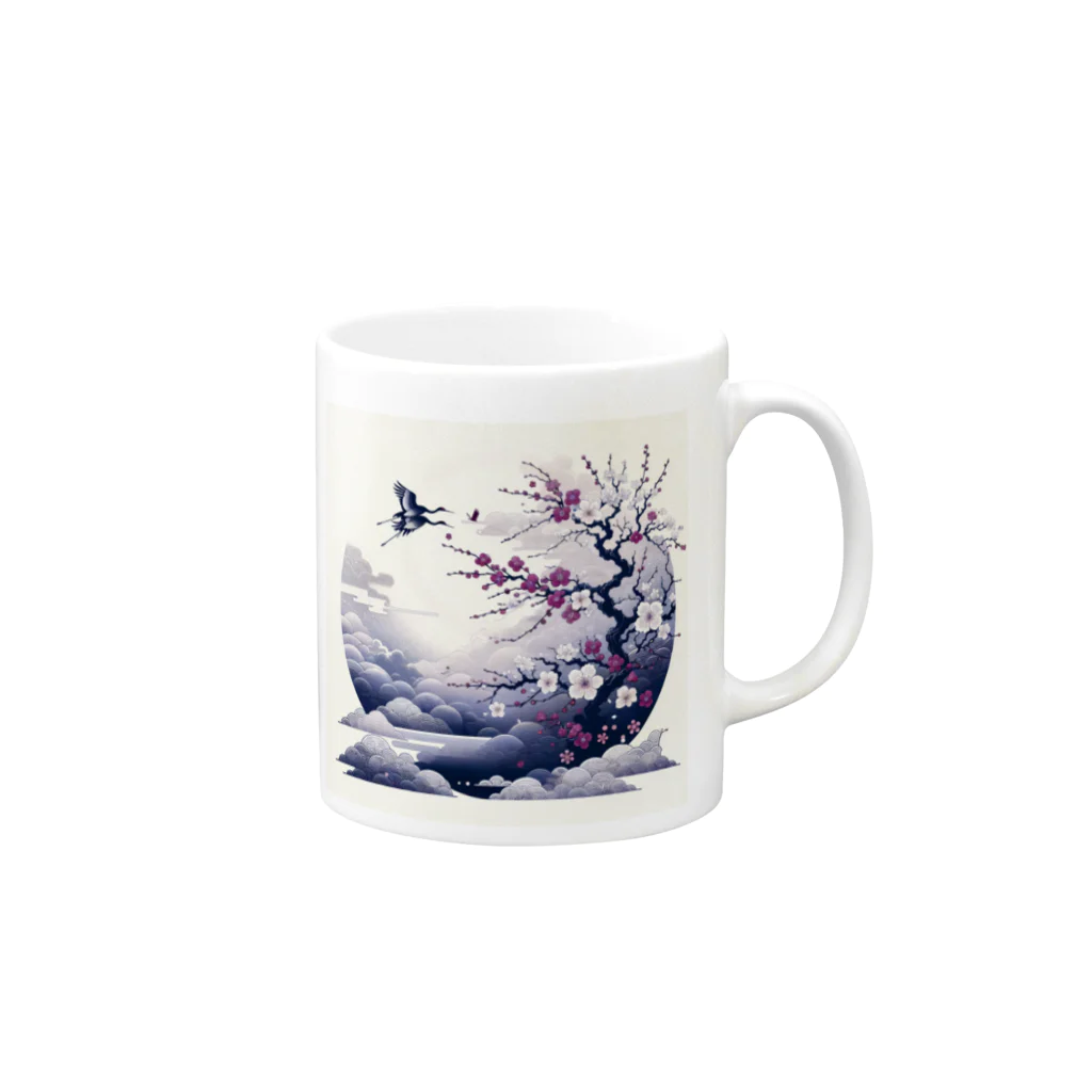 raio-nの白背景の和風夜景 - 月と梅と鶴 Mug :right side of the handle