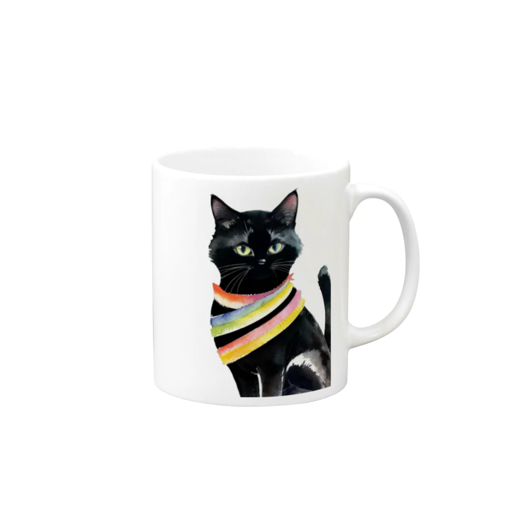 幸運のしっぽの黒猫と虹の首輪 Mug :right side of the handle