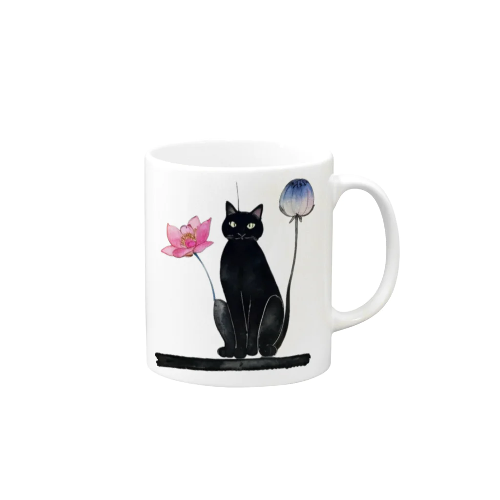 幸運のしっぽの黒猫と花 Mug :right side of the handle