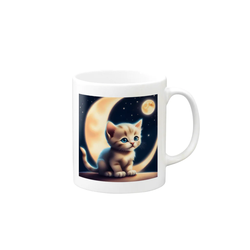 宇宙と猫の月を見る子猫 Mug :right side of the handle