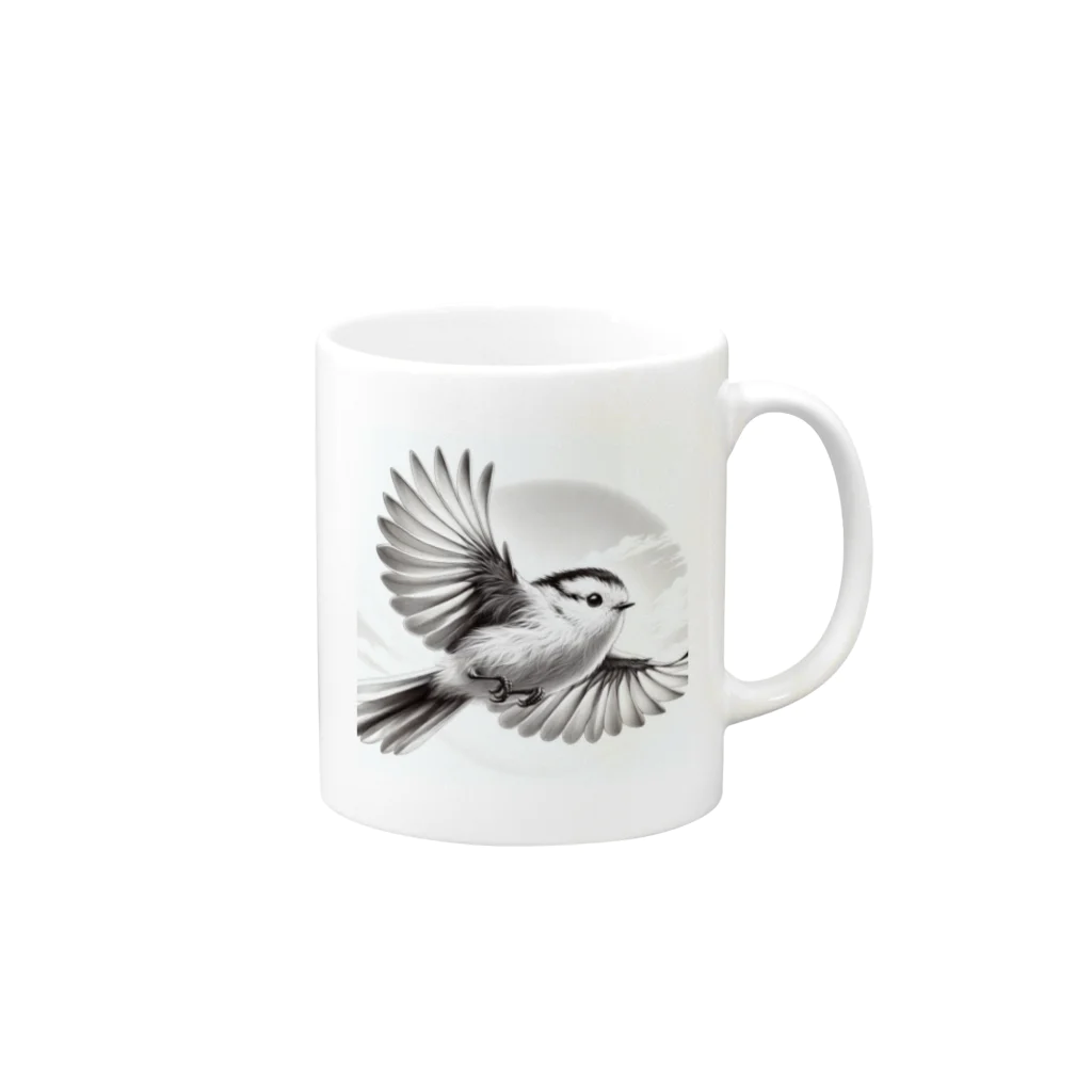 酉年による鳥好きのための鳥デザインの空を舞うシマエナガ Mug :right side of the handle