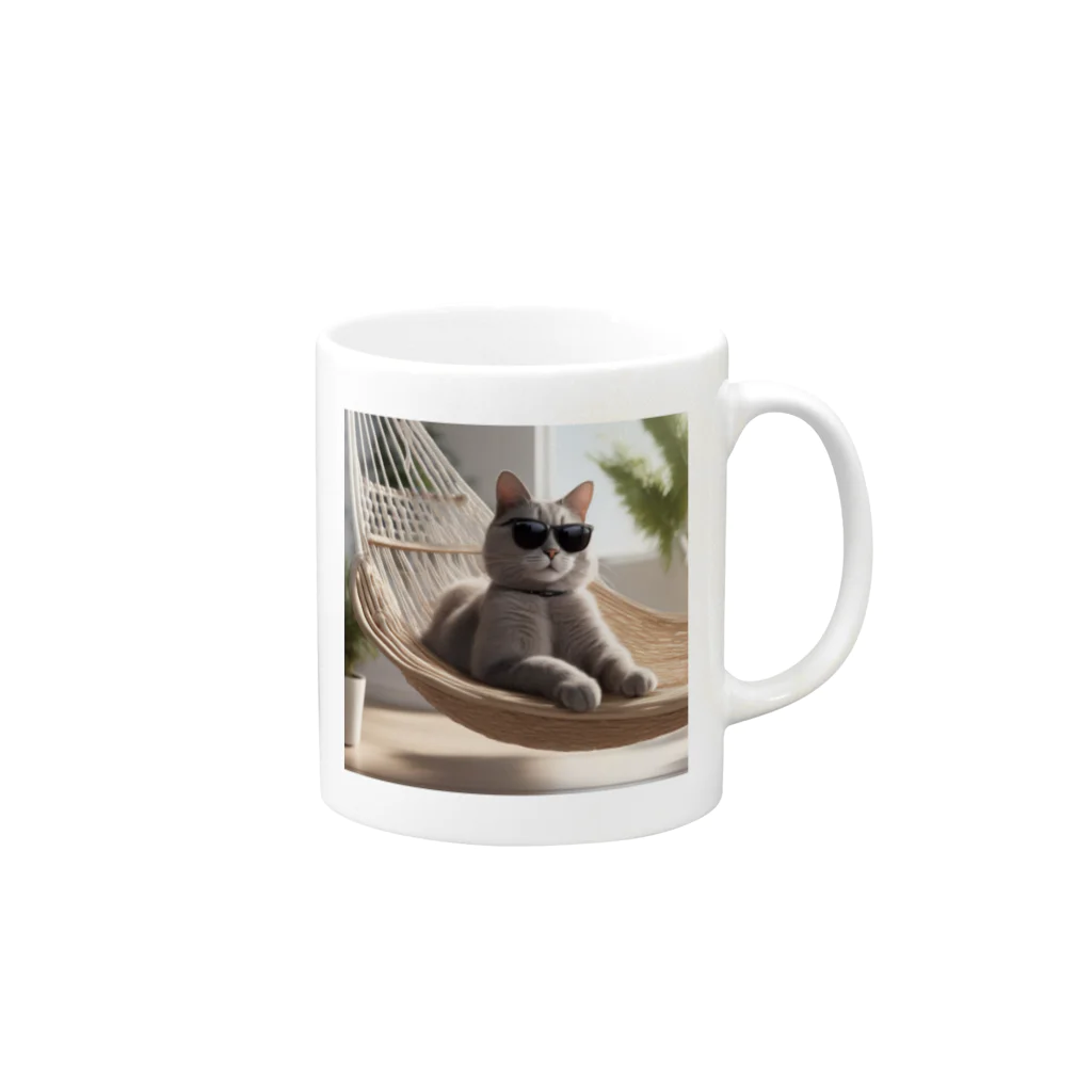 ryusky_333のサングラスをかけている猫がハンモックでくつろいでいる。 Mug :right side of the handle