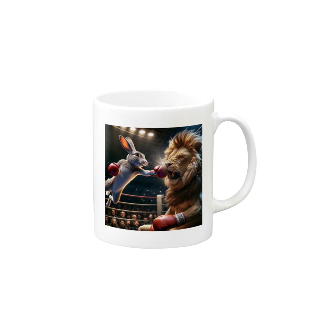 Laugh-Tのウサギとライオンのボクシング Mug :right side of the handle