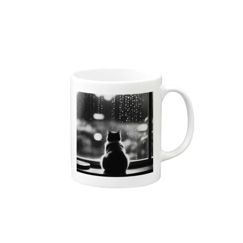 SaltyCookie Design Worksの窓の前で雨を眺めているネコ[クラシック] Mug :right side of the handle