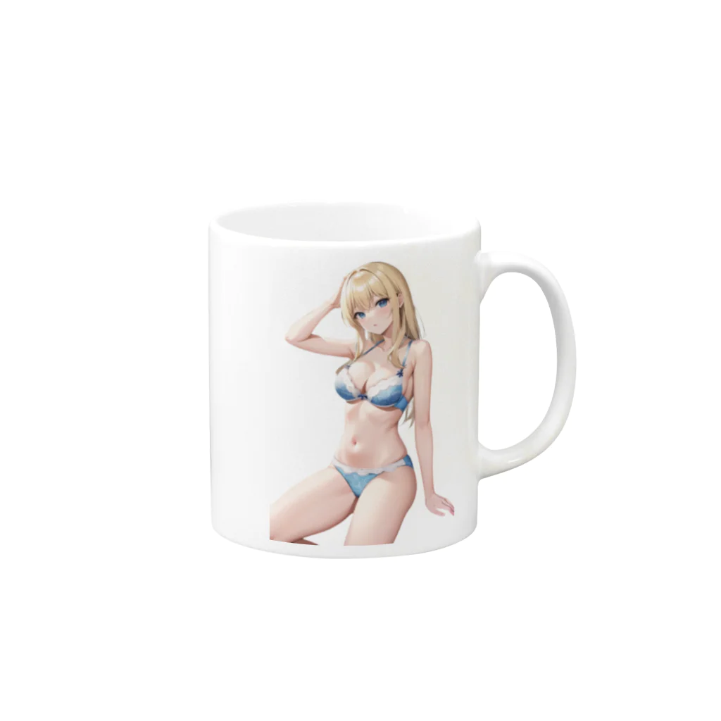 AIオリジナルイラスト　美女男子の金髪の彼女が下着姿で魅了する Mug :right side of the handle