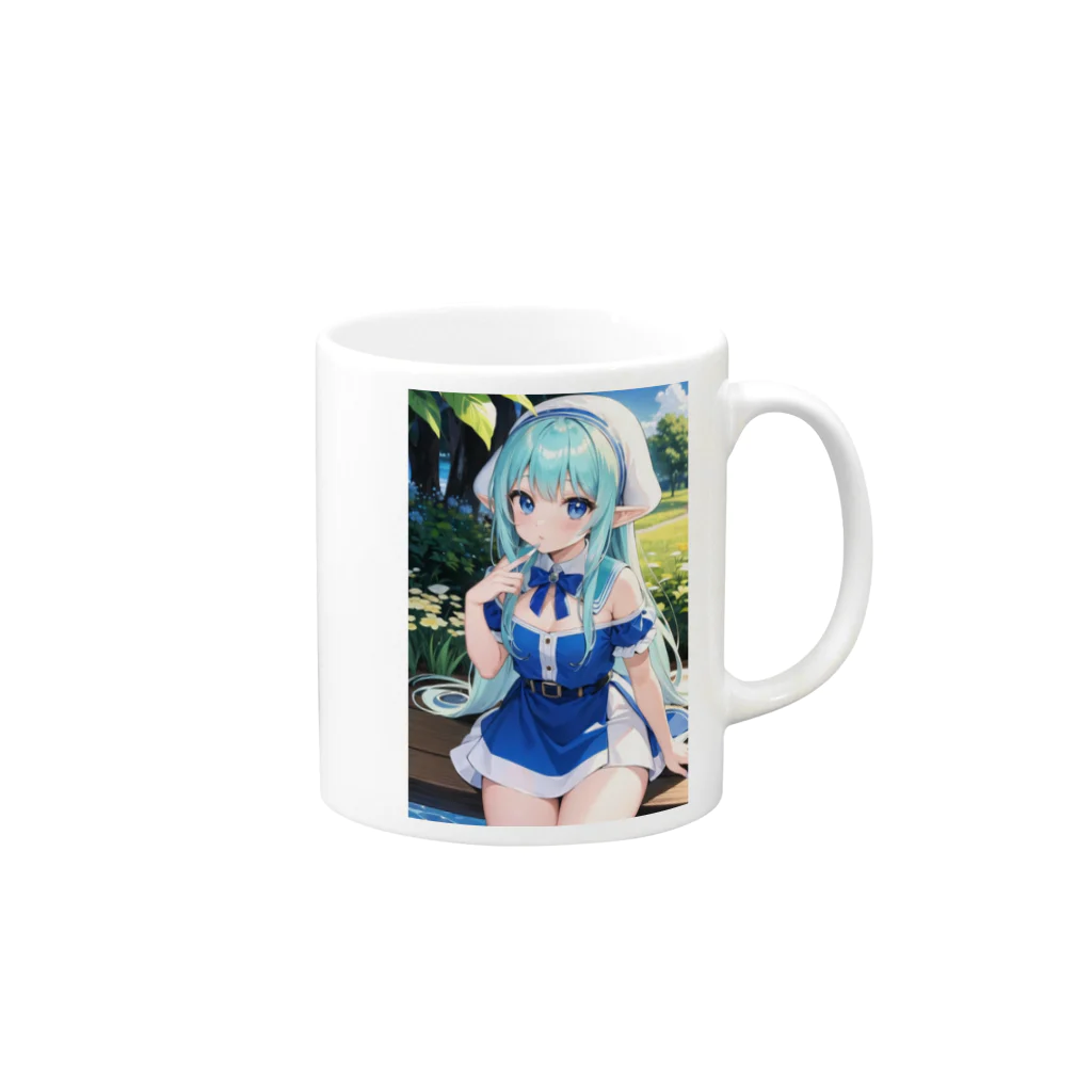 AIオリジナルイラスト　美女男子の青い髪の美少女エルフ Mug :right side of the handle