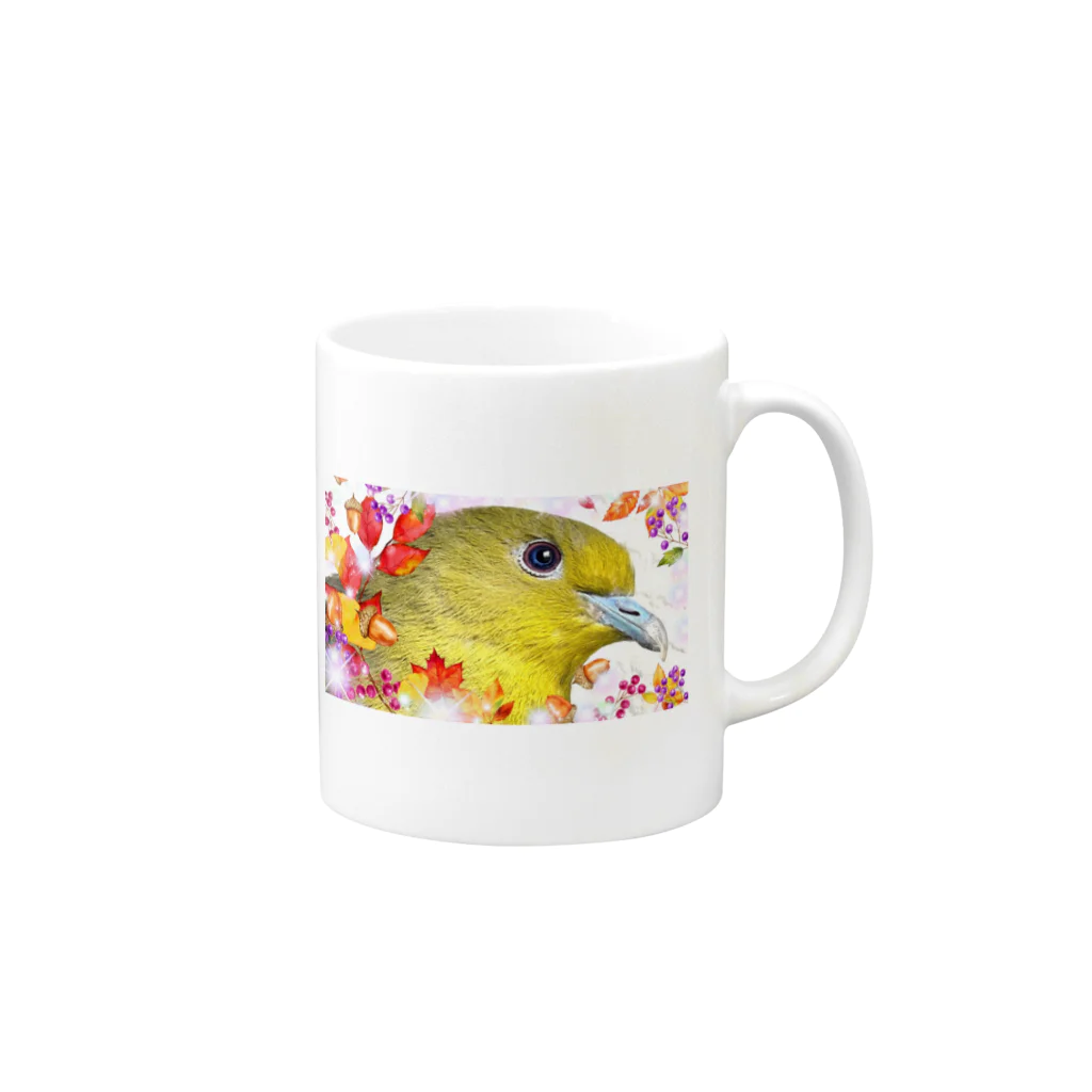 カラスのクッピのアオバトのフウワ Mug :right side of the handle