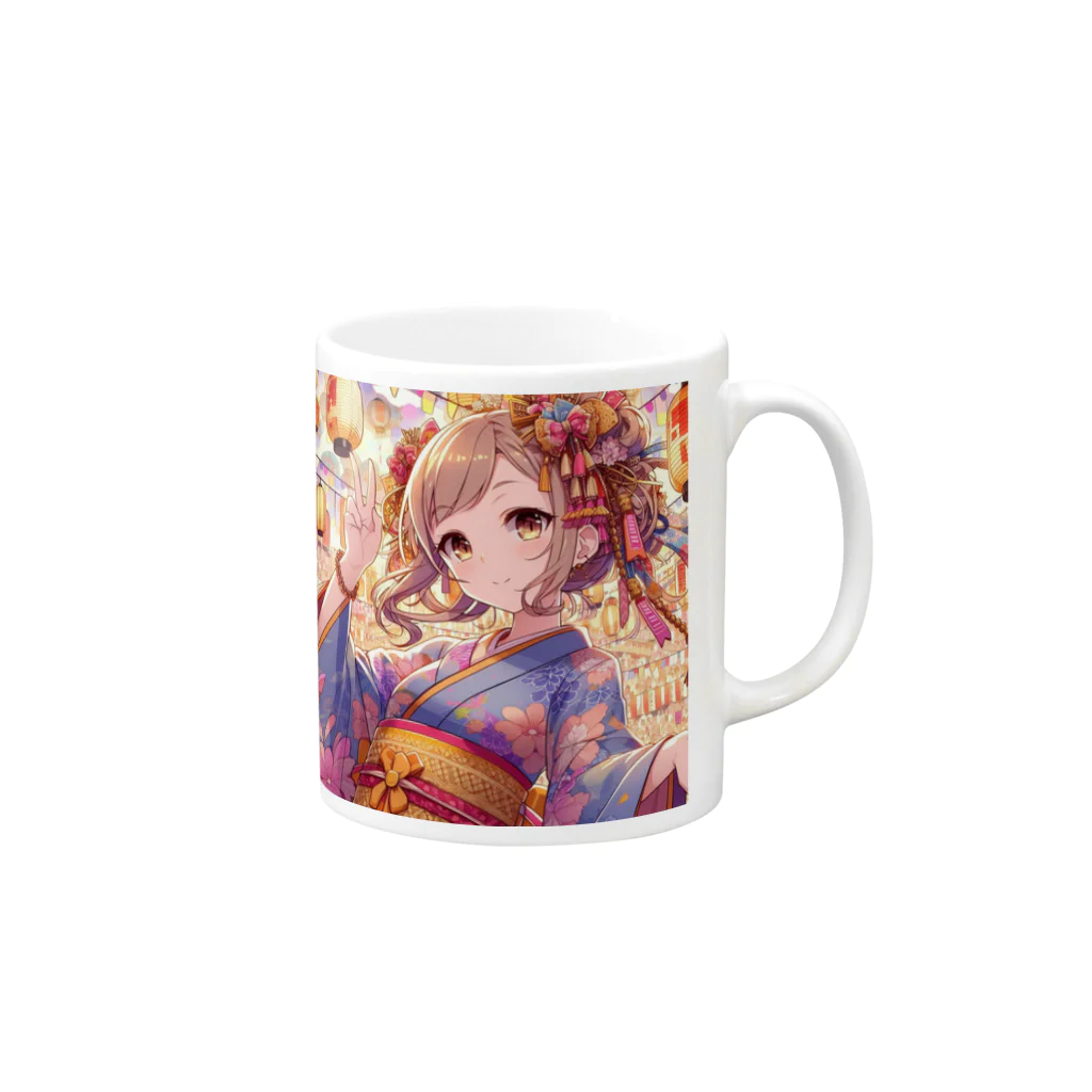 推しの美少女とアイドルのお祭りを楽しむ浴衣美少女 Mug :right side of the handle