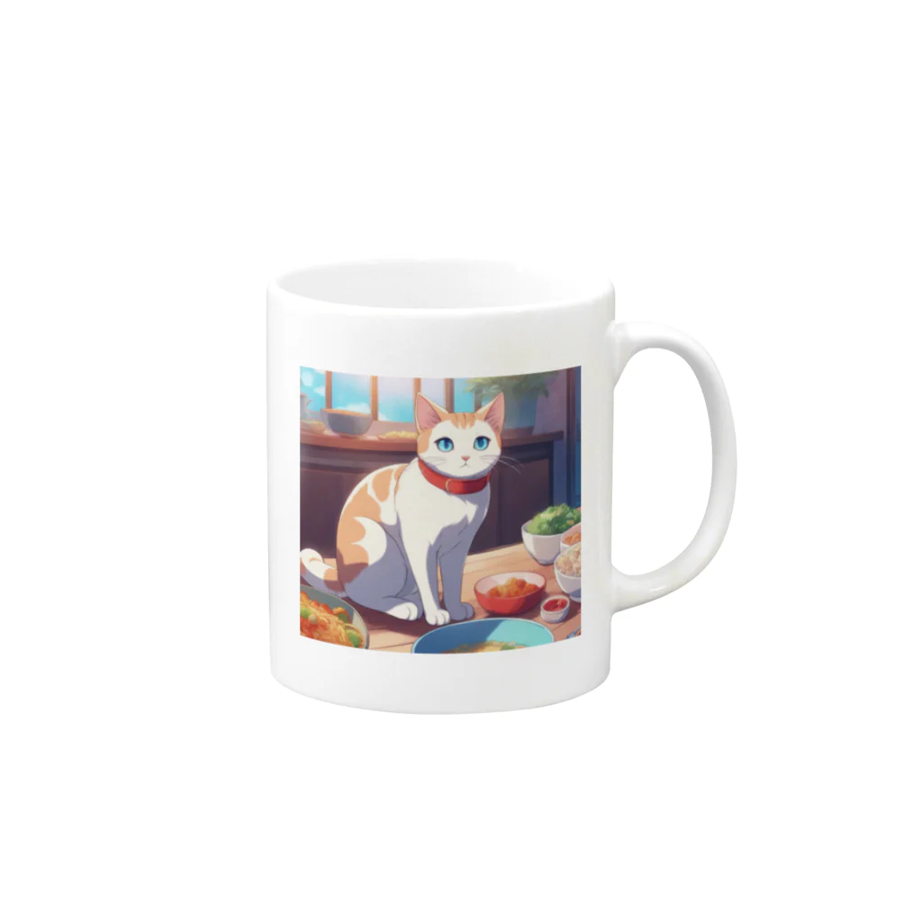 ニコちゃんのご飯の前で座り込む仕草の猫 Mug :right side of the handle