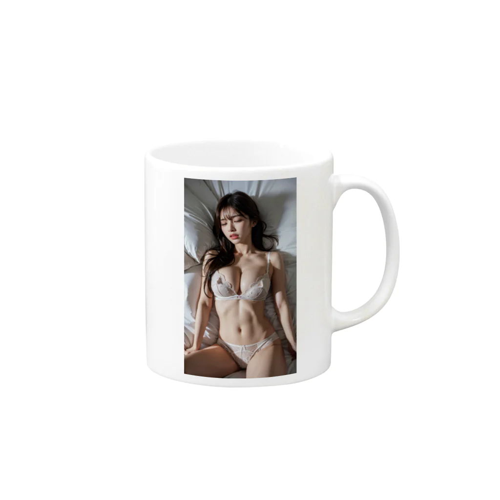 BeautifulLadyCollectionTokyoの恍惚とした表情で目を閉じる、白い下着のAI美女 Mug :right side of the handle