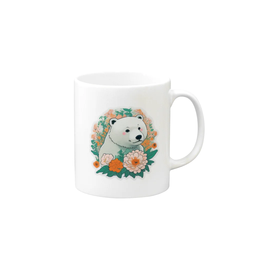 りんりんの可愛いシロクマちゃんショップ　かわいいよ！の花に囲まれている白くま Mug :right side of the handle