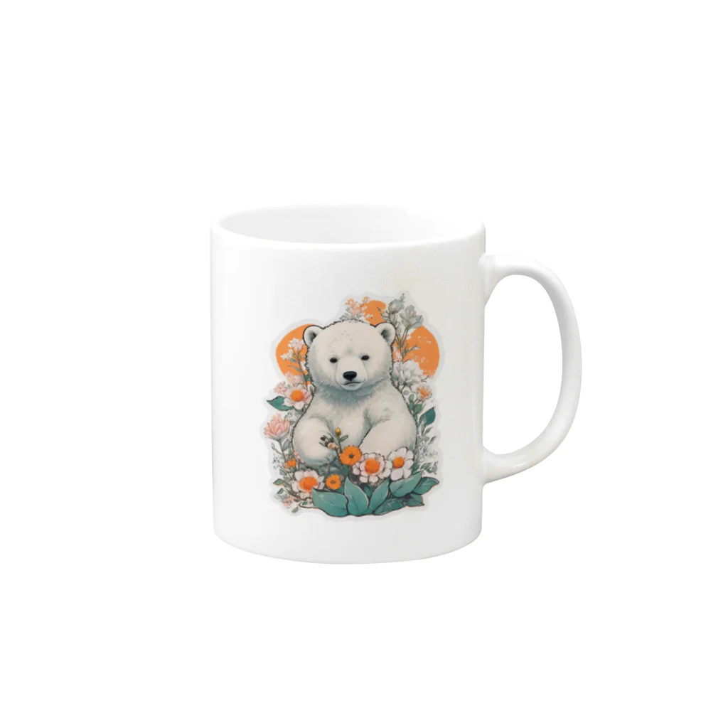 りんりんの可愛いシロクマちゃんショップ　かわいいよ！の花を見てる白くま Mug :right side of the handle