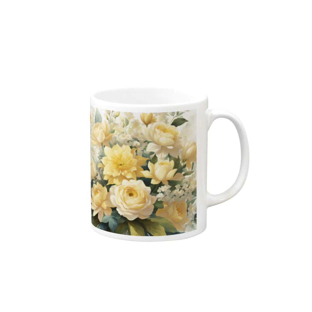 okierazaのペールイエローテーマの花束 Mug :right side of the handle